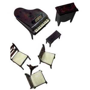Vintage Ideal Doll House Piano Bench Sewing Machine And 4 Chairs 6 Piece Set